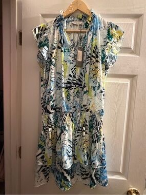 Lola & Sophie Abstract Print Mini Dress in Blue, White & Yellow